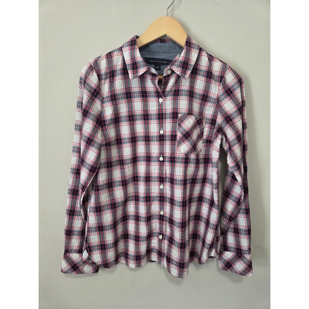 Tommy Hilfiger Womens Red Navy Blue Plaid Button Down Shirt Small Seersucker